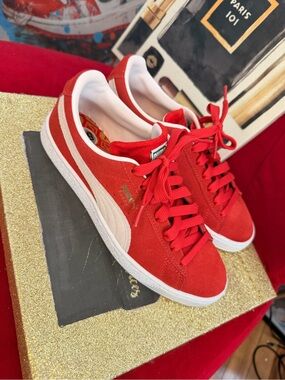 Puma Red Suede Sneakers with Cream Formstrip